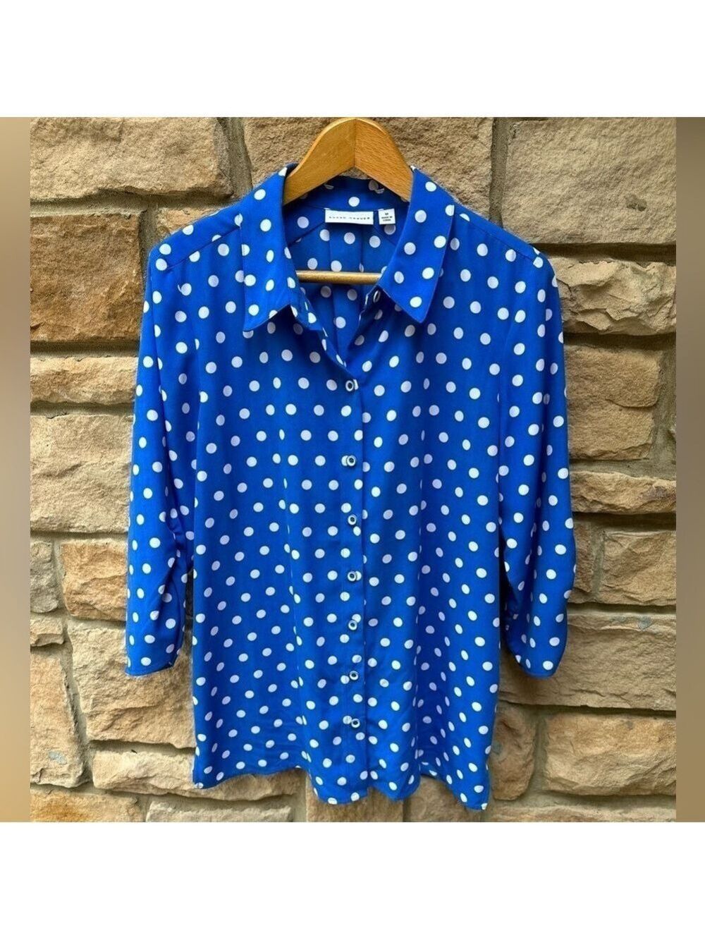 Susan Graver blue w/ white polka dots blouse 3/4 sleeve size Med Excellent shape